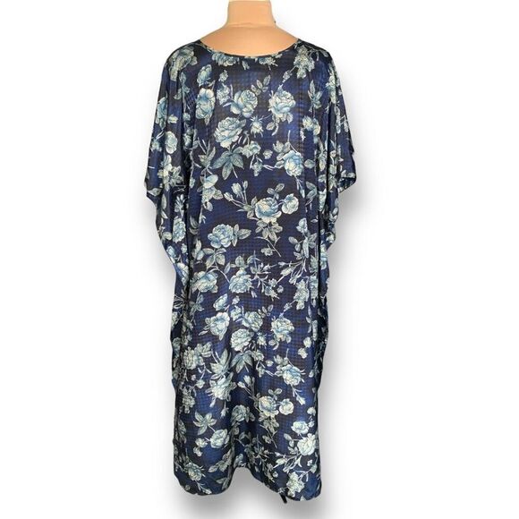 Vintage 90s Kaftan Maxi Dress Navy Blue Dark Floral Rose Houndstooth Satin OS - Picture 6 of 9